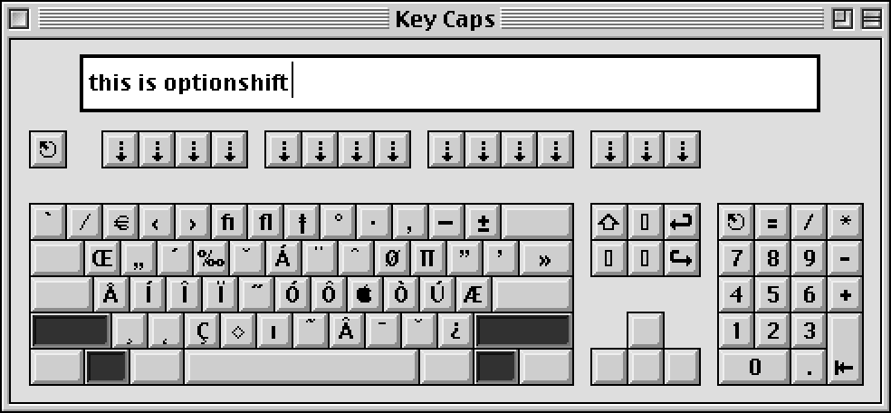 Mac OS 9 screenshot showing the Key Caps desk accessory with the option and shift keys depressed.